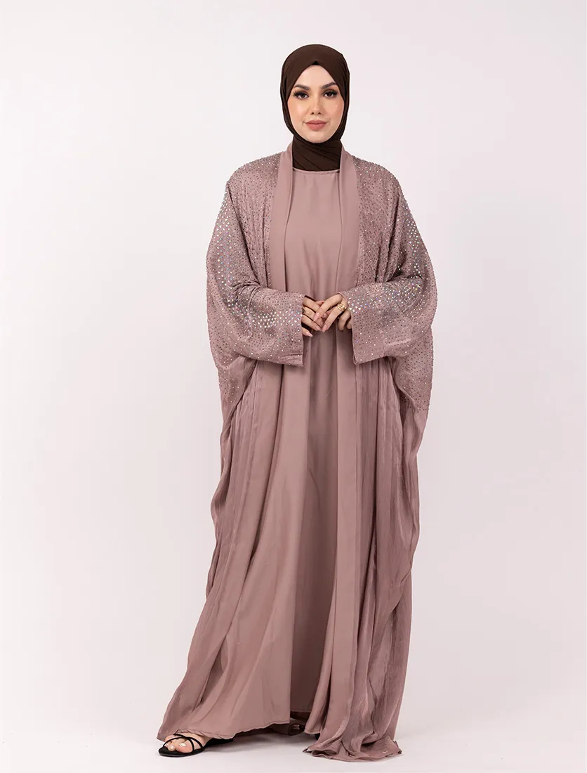 Pink Sparkle Crystal Embellished Sheer Overlay Abaya